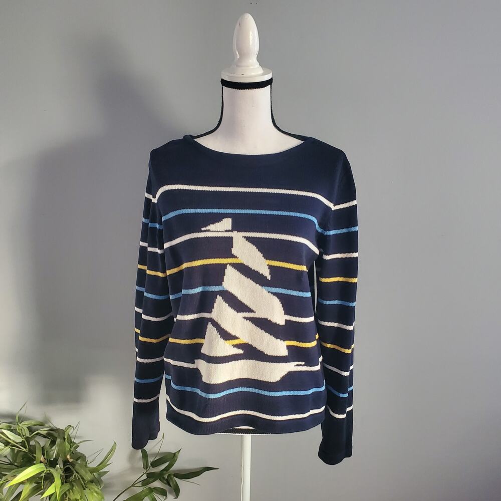 Liz Claiborne Crazy Horse Blue Striped Knit Nautical Sweater Size M